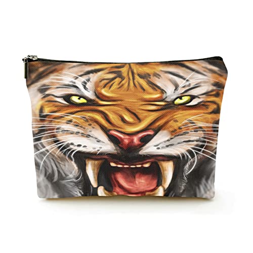 Tragbare Make-up-Tasche für Damen, Leinen, Reise-Kosmetiktaschen mit Reißverschluss, Make-up-Tasche für Geschäftsreisen, Wilder Tiger von Ahdyr