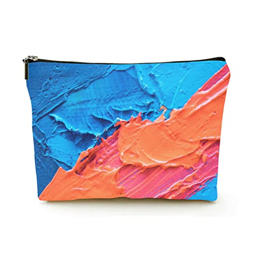 Tragbare Make-up-Tasche für Damen, Leinen, Reise-Kosmetiktaschen mit Reißverschluss, Make-up-Tasche für Geschäftsreisen, abstraktes Ölgemälde in Rot und Blau von Ahdyr