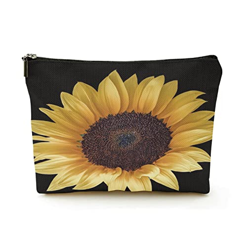 Tragbare Make-up-Tasche für Damen, Leinen, Reise-Kosmetiktaschen mit Reißverschluss, Make-up-Tasche für Geschäftsreisen, goldene, glänzende Sonnenblumen auf Schwarz von Ahdyr