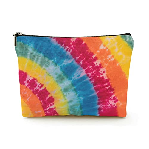 Tragbare Make-up-Tasche für Damen, Leinen, Reise-Kosmetiktaschen mit Reißverschluss, Make-up-Tasche für Geschäftsreisen, original handgefertigt, bunter Regenbogen-Psychedelic-Tie-Dye von Ahdyr