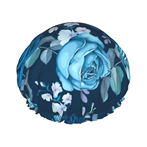 Vintage Blue Flowers Roses Duschhaube für Frauen, doppelt wasserdicht, Bade-Duschhut, groß, für alle Haare von Ahdyr