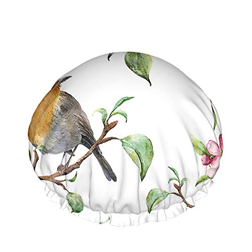 Vogel-Duschkappe Robin Birds on Tree Branch Spring Flower Leaves Large Bath Caps for Women Men Girls Long Hair Waterproof Reusable Hats von Ahdyr