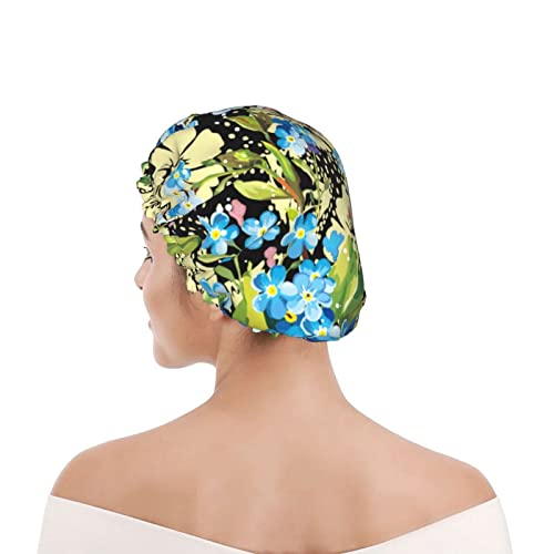 Wiederverwendbare Duschhaube Blaue Blumen-Duschhauben für Frauen Wasserdichter Bade-Haar-Hut Elastische Haar-Badehauben Doppelt wasserdichtBade-Dusch-Hut für alle Haarlängen von Ahdyr