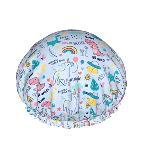 Wiederverwendbarer Haarhut mit Stretch-Saum für Damen, Kawaii, Einhorn, Dinosaurier, Regenbogen, DoubleWaterproof, Duschhaube, Badekappe von Ahdyr