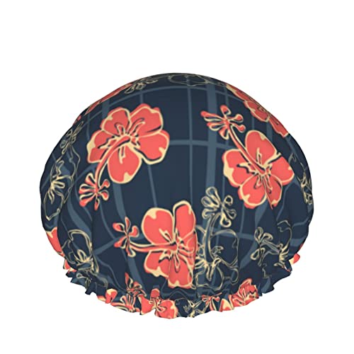 Wiederverwendbarer Haarhut mit Stretch-Saum für Damen Hibiscus Flroal Striped Navy Plaid DoubleWaterproof Shower Cap Bath Cap von Ahdyr