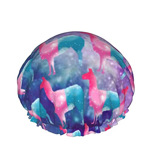 Wiederverwendbarer Haarhut mit Stretchsaum für Damen, Lama Galaxy Rainbow DoubleWaterproof Shower Cap Bath Cap von Ahdyr