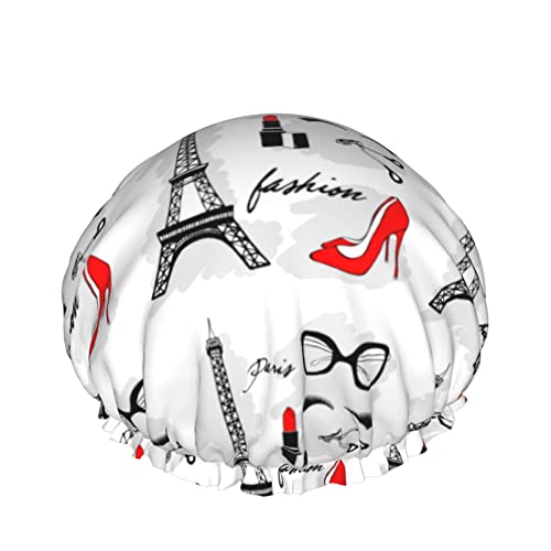 Wiederverwendbarer Haarhut mit Stretchsaum für Damen, Paris, Eiffelturm, roter Lippenstift, doppelt wasserdichte Duschhaube, Badekappe Wiederverwendbarer Haarhut mit Stretchsaum für Damen, Paris, Eiffelturm, roter Lippenstift, doppelt wasserdichte Duschhaube, Badekappe von Ahdyr