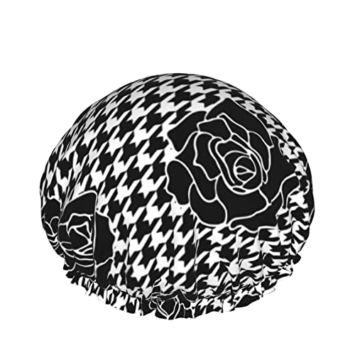 Wiederverwendbarer Haarhut mit Stretchsaum für Damen, Rosen, Hahnentrittmuster, kariert, doppelt, wasserdicht, Duschhaube, Badekappe von Ahdyr