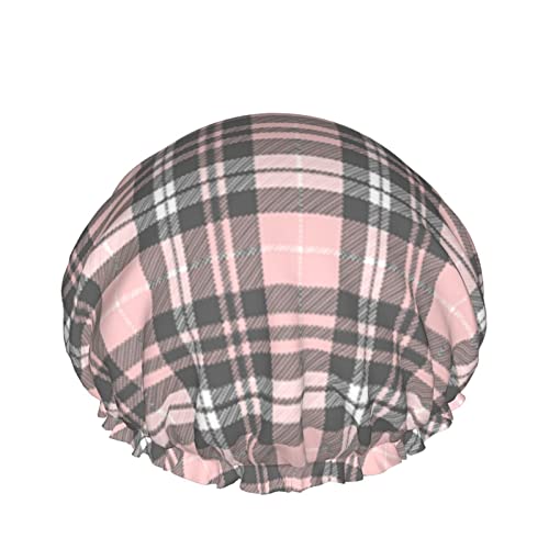 Wiederverwendbarer Haarhut mit Stretchsaum für Damen, rosa, grau, kariert, Tartan, doppelt wasserdicht, Duschhaube, Badekappe von Ahdyr