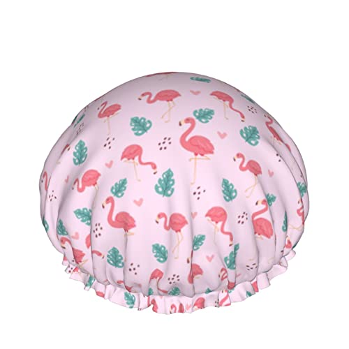 Wiederverwendbarer Haarhut mit Stretchsaum für Damen, rosa, süßer Flamingo, doppelt wasserdicht, Duschhaube, Badekappe von Ahdyr