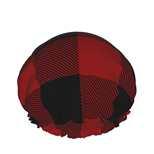 Wiederverwendbarer Haarhut mit Stretchsaum für Damen, rot, schwarz, kariertes Muster, doppelt wasserdichte Duschhaube, Badekappe von Ahdyr