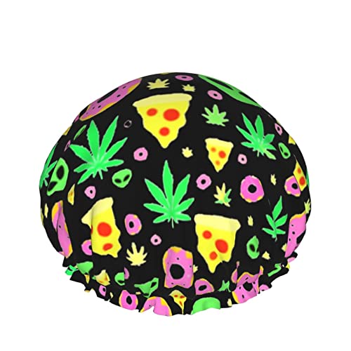Wiederverwendbarer Haarhut mit Stretchsaum für Damen Alien Donut Leaf Weed Pizza DoubleWaterproof Shower Cap Bath Cap von Ahdyr