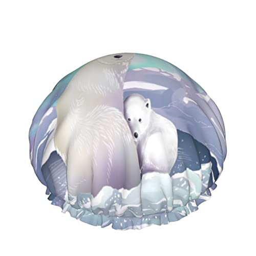 Wiederverwendbarer Haarhut mit Stretchsaum für Damen Aurora Save Polar Bear DoubleWaterproof Shower Cap Bath Cap von Ahdyr