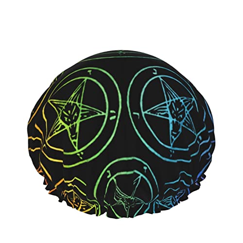 Wiederverwendbarer Haarhut mit Stretchsaum für Damen Baphomet Satanic Goat Gay Rainbow DoubleWaterproof Shower Cap Bath Cap von Ahdyr