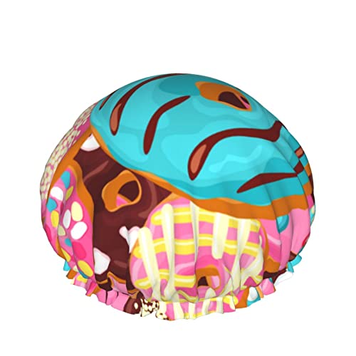 Wiederverwendbarer Haarhut mit Stretchsaum für Damen Donut Pink Chocolate Blue Mint DoubleWaterproof Shower Cap Bath Cap von Ahdyr