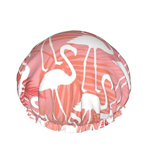 Wiederverwendbarer Haarhut mit Stretchsaum für Damen Flamingo Tropical Hawaii Pink DoubleWaterproof Shower Cap Bath Cap von Ahdyr