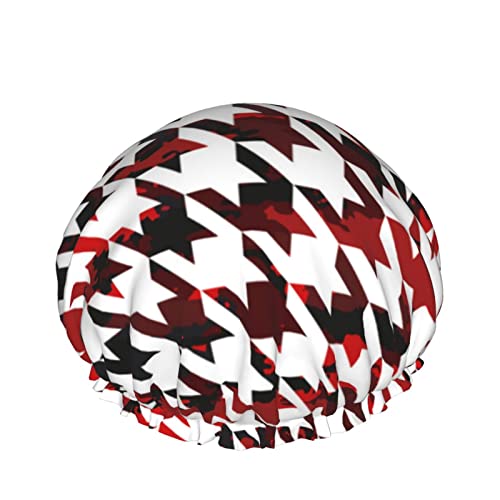 Wiederverwendbarer Haarhut mit Stretchsaum für Damen Hahnentritt-Camouflage, rot, kariert, doppelt wasserdicht, Duschhaube, Badekappe von Ahdyr