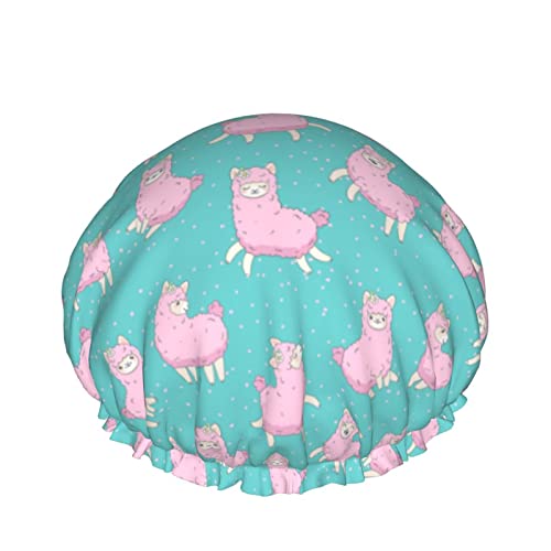 Wiederverwendbarer Haarhut mit Stretchsaum für Damen Kawaii Pink Alpaca DoubleWaterproof Shower Cap Bath Cap von Ahdyr