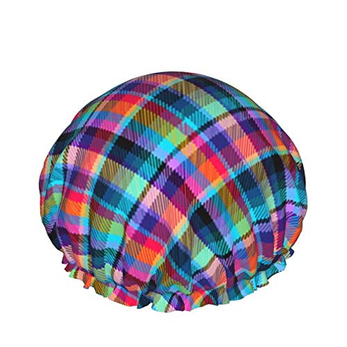 Wiederverwendbarer Haarhut mit Stretchsaum für Damen Madras Plaid Tropical Tartan DoubleWaterproof Shower Cap Bath Cap von Ahdyr