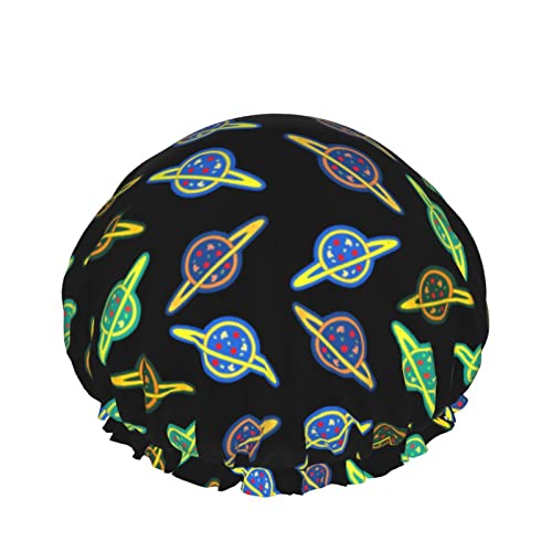 Wiederverwendbarer Haarhut mit Stretchsaum für Damen Psychedelic Planet Pizza DoubleWaterproof Shower Cap Bath Cap von Ahdyr