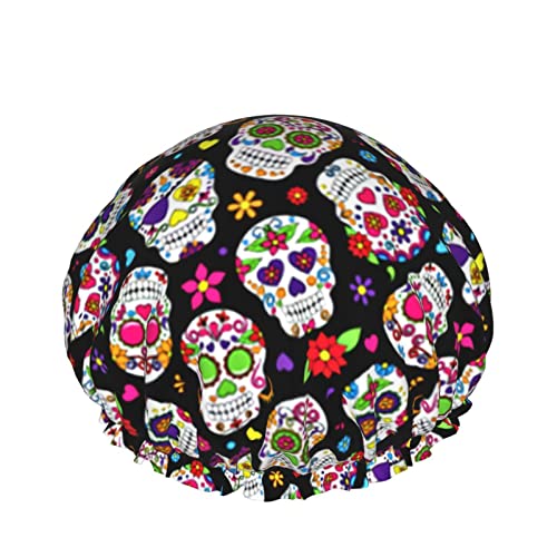 Wiederverwendbarer Haarhut mit Stretchsaum für Damen Sugar Skulls Day of Dead DoubleWaterproof Shower Cap Bath Cap von Ahdyr