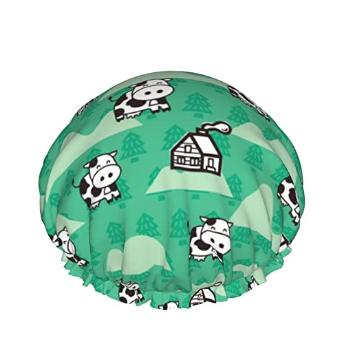 Wiederverwendbarer Haarhut mit Stretchsaum für Frauen Happy Cow Tree Green DoubleWaterproof Shower Cap Bath Cap von Ahdyr