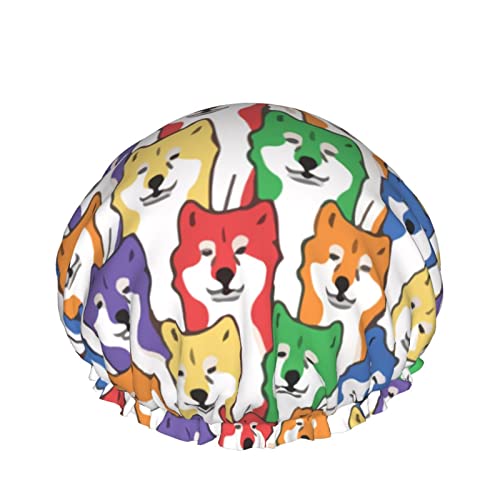Wiederverwendbarer Haarhut mit Stretchsaum für Frauen Lgbt Rainbow Shiba Inu DoubleWaterproof Shower Cap Bath Cap von Ahdyr