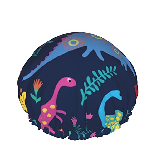 Wiederverwendbarer Haarhut mit elastischem Saum für Damen, Dinosaurier, buntes Tiermuster, doppelt wasserdicht, Duschhaube, Badekappe von Ahdyr