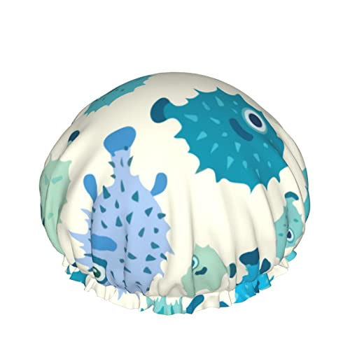 Wiederverwendbarer Haarhut mit elastischem Saum für Damen, Puffer Blue Fish DoubleWaterproof Shower Cap Bath Cap von Ahdyr