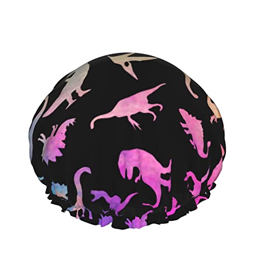 Wiederverwendbarer Haarhut mit elastischem Saum für Damen, lustiger Dinosaurier-Regenbogen, doppelt wasserdicht, Duschhaube, Badekappe von Ahdyr