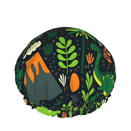 Wiederverwendbarer Haarhut mit elastischem Saum für Damen, verschiedene grüne Dinosaurier, floral, doppelt wasserdicht, Duschhaube, Badekappe von Ahdyr