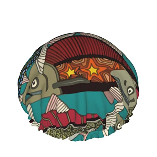 Wiederverwendbarer Haarhut mit elastischem Saum für Damen Alaskan Salmon Teal DoubleWaterproof Shower Cap Bath Cap von Ahdyr
