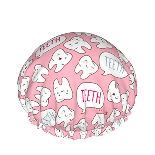 Wiederverwendbarer Haarhut mit elastischem Saum für Frauen Save Kawaii Cartoon Pink Teeth DoubleWaterproof Shower Cap Bath Cap von Ahdyr