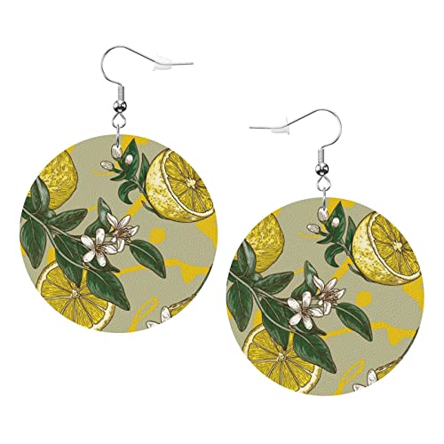 Zitrone und Blätter und Blüten. Runde Ohrringe aus Kunstleder für Teenager-Mädchen und Frauen, Tropfen-Ohrringe, Geschenk von Ahdyr