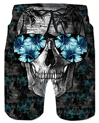 Ahegao Herren Badehose Quick Dry 3D Gedruckt Strand Boardshorts mit Taschen Cool Mesh Futter Badeanzüge, Schwarzer Totenkopf, L von Ahegao