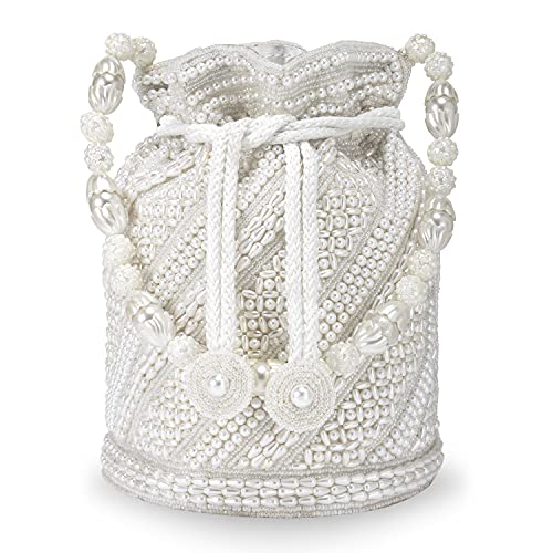 Aheli Indian Potli Bags for Women Evening Bag Clutch Ethnic Bride Purse with Drawstring, White Embellished 1, Regular, One Size, (AH-P14W) von Aheli