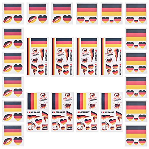 AhfuLife 24 Blätter Deutschland Flagge Tattoos Aufkleber，Deutsche Dekoration Temporäre Tattowierung Set Wasserdichter Gesichts Tattoos Sticker für Damen Fußball EM 2025 Eurovision Haus Bar Party Deko von AhfuLife