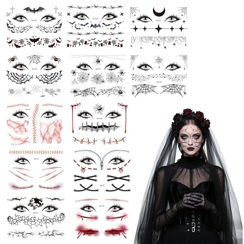 12 Blatt Halloween Gesicht Temporäre Tattoos, Narben Totenkopf Spinnennetz Gesichtstattoos Aufkleber für Männer Damen, Halloween Gruselparty Mottoparty Karneval Maskerade Kostüm Party Accessoires von AhhiAboo