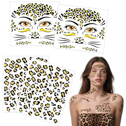 4 Bogen Gesichtstattoo Leopard Temporäre Tattoos, Abnehmbare Tattoo Aufkleber für Halloween Karneval Kostüm, Fasching Party Dekoration für Frauen Erwachsene Kinder von AhhiAboo