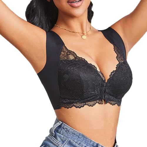 Ahigh BH Damen Ohne Bügel, Women's Push Up Bra mit Vorderverschluss, Nahtloser Bustier Damen Spitze Comfy BH Deep V Neck Seamless Bra S von Ahigh