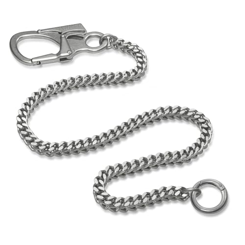 Ahiller Hip Hop Hosen Kette lange robuste Herren-Biker-Geldbörsen-Hosenschlüsselkette aus silberfarbenem Edelstahl mit doppelseitigem Schlüssel Karabiner-YK von Ahiller