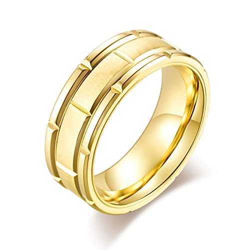 CEJUG Herren-Eheringe aus Titan, 14 vergoldet, Ziegelmuster, gebürstet, Größe 8–12, Holz, Zirkonia von Ahloe Jewelry