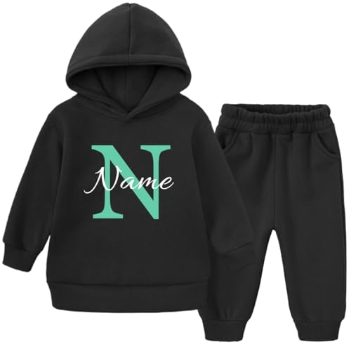 Ahoiikids Personalisierbarer Kinder Jogginganzug mit Kapuze - Schwarz, 2-teiliges Fleece Set, Warm und Bequem von Ahoiikids