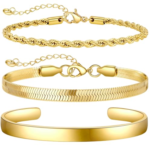 Ahokei 3PC Armband Damen Gold Armband Wasserfest,18K Gold Edelstahl Armbänder Damen Armkette Vergoldet Set,Geschenk für Sie,17+3CM von Ahokei
