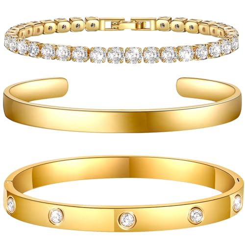 Ahokei 3PC Armband Damen Gold Armband Wasserfest,18K Gold Edelstahl Armbänder Damen Armkette Vergoldet Set,Geschenk für Sie,17+3CM Ahokei 3PC Armband Damen Gold Armband Wasserfest,18K Gold Edelstahl Armbänder Damen Armkette Vergoldet Set,Geschenk für Sie,17+3CM von Ahokei