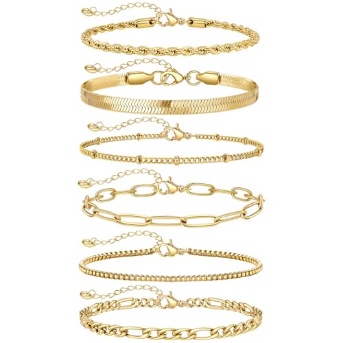 Ahokei 6PC Gold Armband Damen Wasserfest, 18K Edelstahl Armkette Vergoldet Set, Geschenk Valentinstag für Sie, 16+3CM Ahokei 6PC Gold Armband Damen Wasserfest, 18K Edelstahl Armkette Vergoldet Set, Geschenk Valentinstag für Sie, 16+3CM von Ahokei