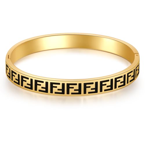 Armreif Gold Damen Armband Gold Damen, Armreif Silber 925, 14K Vergoldet Mit Versteckten Klammern, Eingraviert Dem Buchstaben In Schwarzer, Länge 17cm, Geburtstagsgeschenk von Ahokei