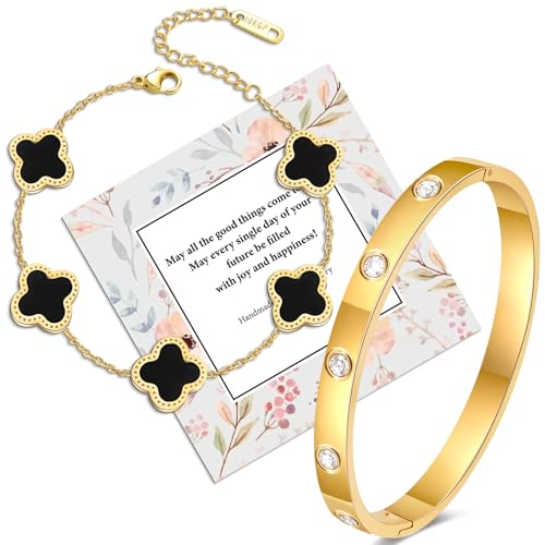 2 Stück Schwarze Kleeblatt Armband Gold Damen 18 CM aus 18K Vergoldet Vierblättriges, Zirkonia Armreif Gold Armbänder Damen Schmuck Geschenk für Frauen 2 Stück Schwarze Kleeblatt Armband Gold Damen 18 CM aus 18K Vergoldet Vierblättriges, Zirkonia Armreif Gold Armbänder Damen Schmuck Geschenk für Frauen von Ahokei