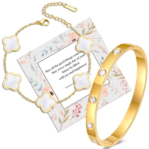 2 Stück Weiße Kleeblatt Armband Gold Damen 18 CM aus 18K Vergoldet Vierblättriges, Zirkonia Armreif Gold, Armbänder Damen Schmuck Geschenk für Frauen 2 Stück Weiße Kleeblatt Armband Gold Damen 18 CM aus 18K Vergoldet Vierblättriges, Zirkonia Armreif Gold, Armbänder Damen Schmuck Geschenk für Frauen von Ahokei