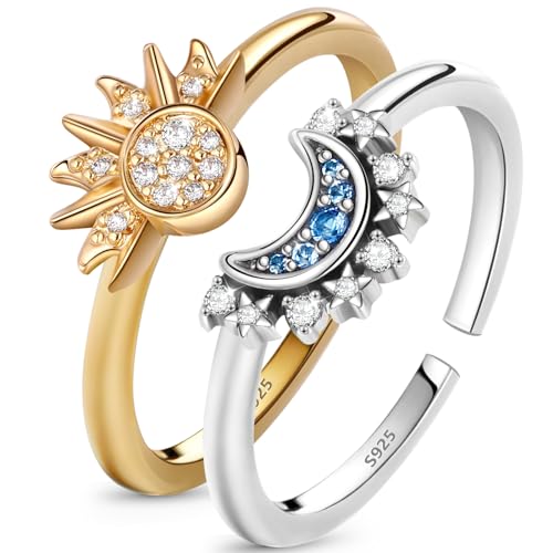Ahokei Sonne Mond Ring Verstellbar - Gold und Silber 925 Set für Frauen - Freundschaftsringe für Paare - Geschenk von Ahokei